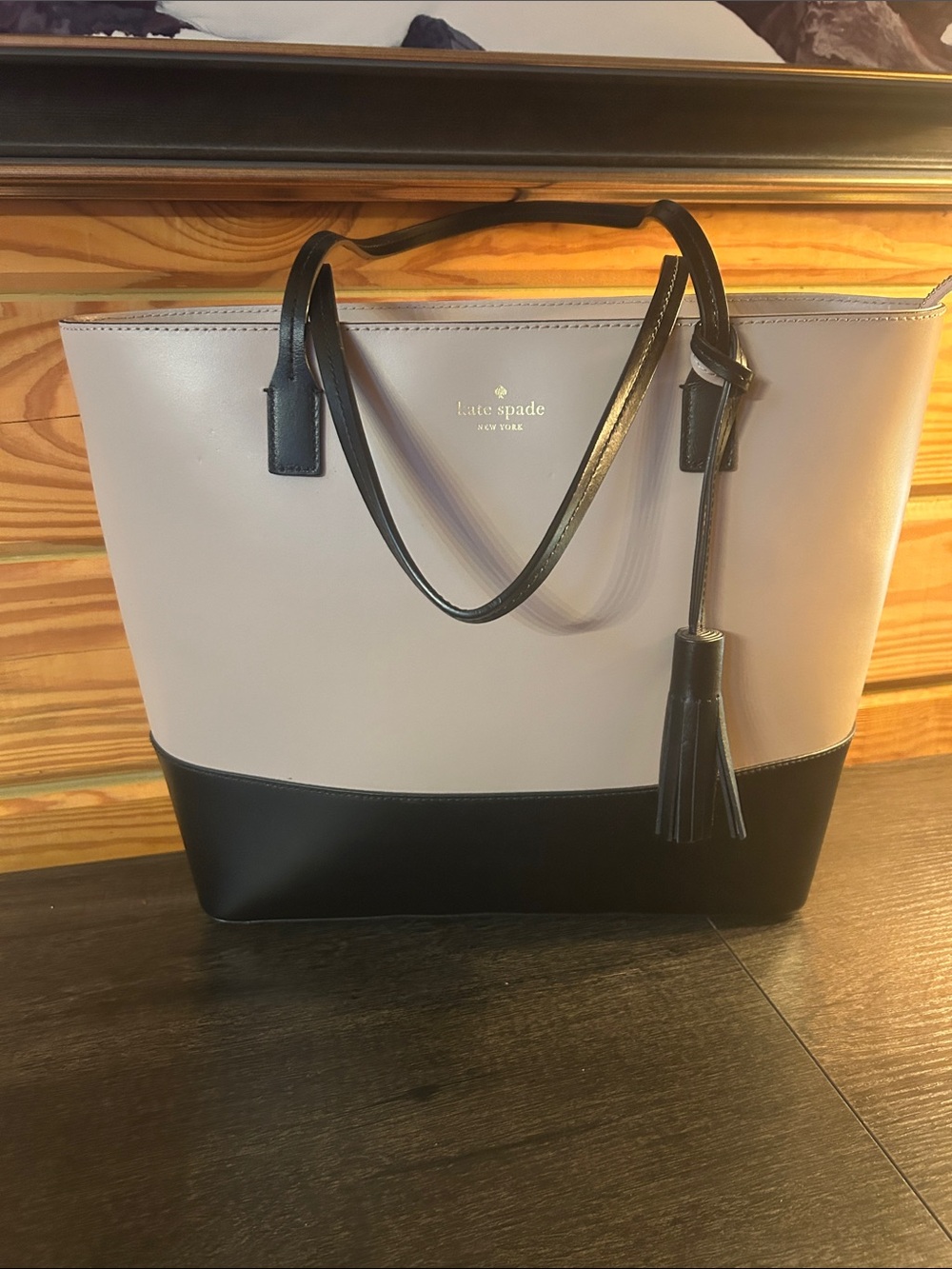 kate spade Two-Tone Black and Cream Leather Tote with Tassel
